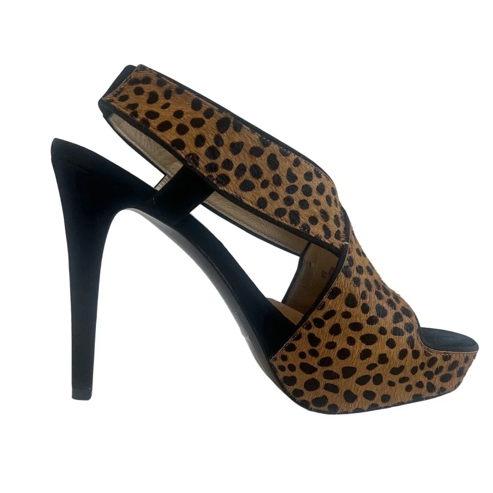 Diane von Furstenberg Leopard Calf Hair Platform‎ Slingback Heels Womens 8.5M
